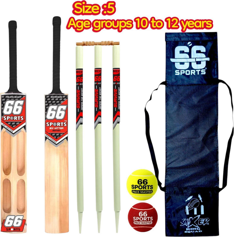 66 sports Premium Wooden Tennis size 5 [ Age Group 10 to 12 Years KIds ] with two ball Cricket Kit