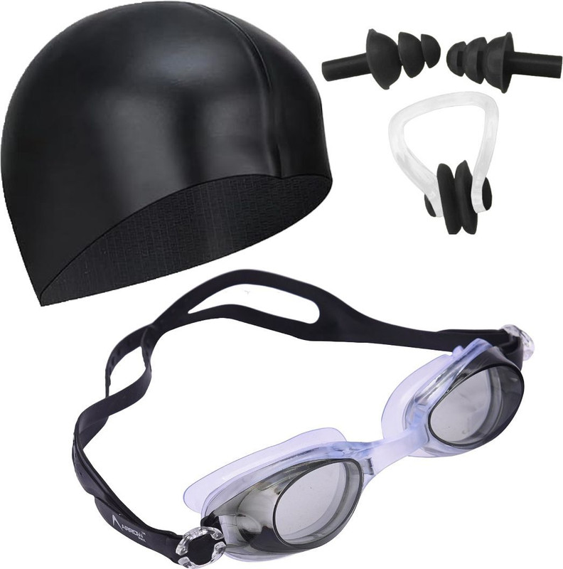 Lebami 100% Silicone Anti Fog Swimming Goggles, Cap, Earplug & Noseplug Set (Black) Swimming Kit