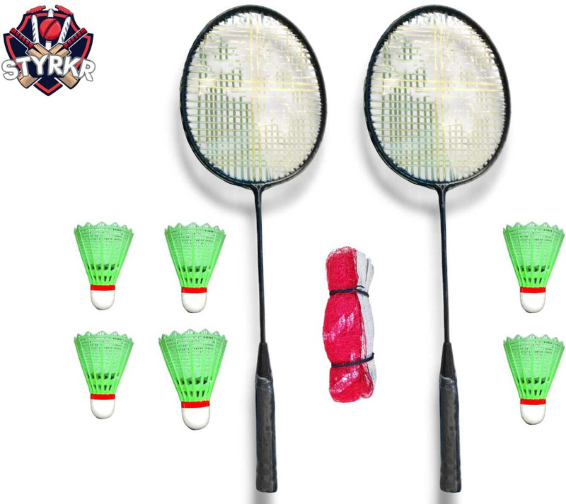 STYRKR Badminton Kit (Super 2 Racquets with Shuttlecock Plastic Pack of 6 with Net) Badminton Kit