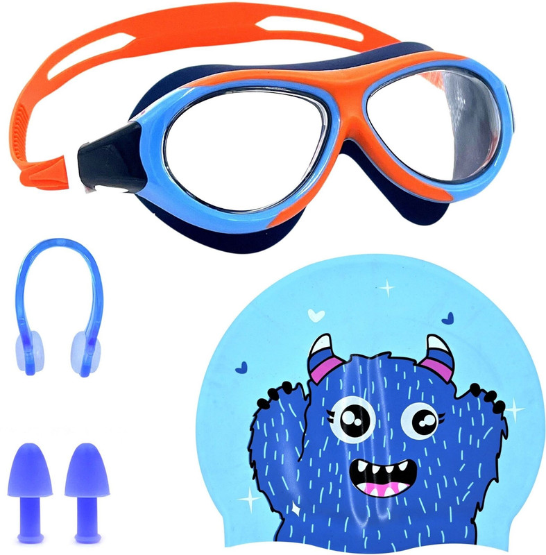 SLOVIC Goggles & Cap Set for Kids With Ear Plugs & Nose Clip | UV Protection| Combo Swimming Kit