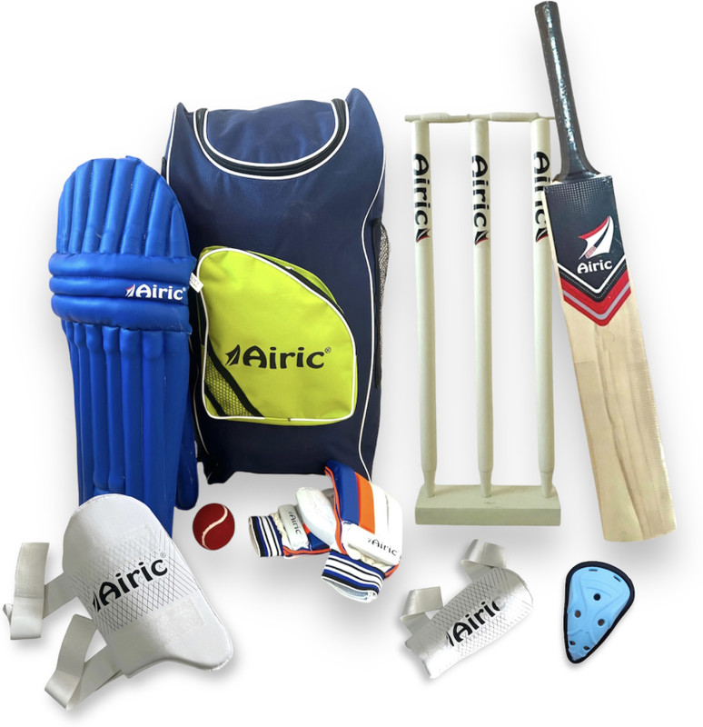 Airic Premium Bat(Size 5) with 27" Wickets, Bag & Batting Guards (Youth Size 10-12yrs) Cricket Kit