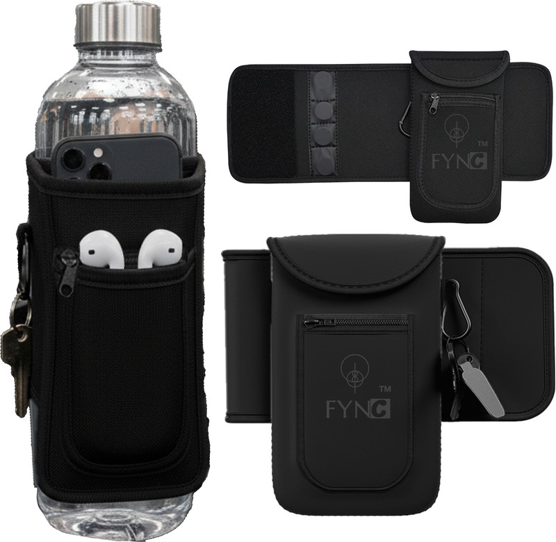 FYNC Neoprene Magnetic Gym Pouch for Water Bottles with Phone Holder & Key Hook Black Fitness Accessory Kit Kit
