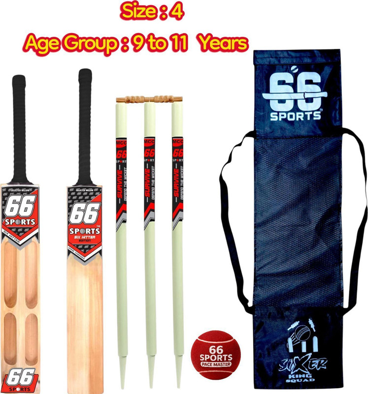66 sports Premium Wooden Tennis Popular Kashmiri Willow [ Age Group 11 to 13 Years KIds ] Cricket Kit