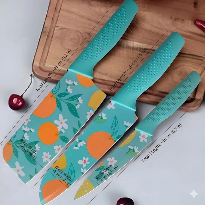 X - Glam 3 Pc Stainless Steel, Plastic Knife Set Kitchen Knife Stainless Steel 3 Pieces Knife Set Color Printing Non-Slip Handle
