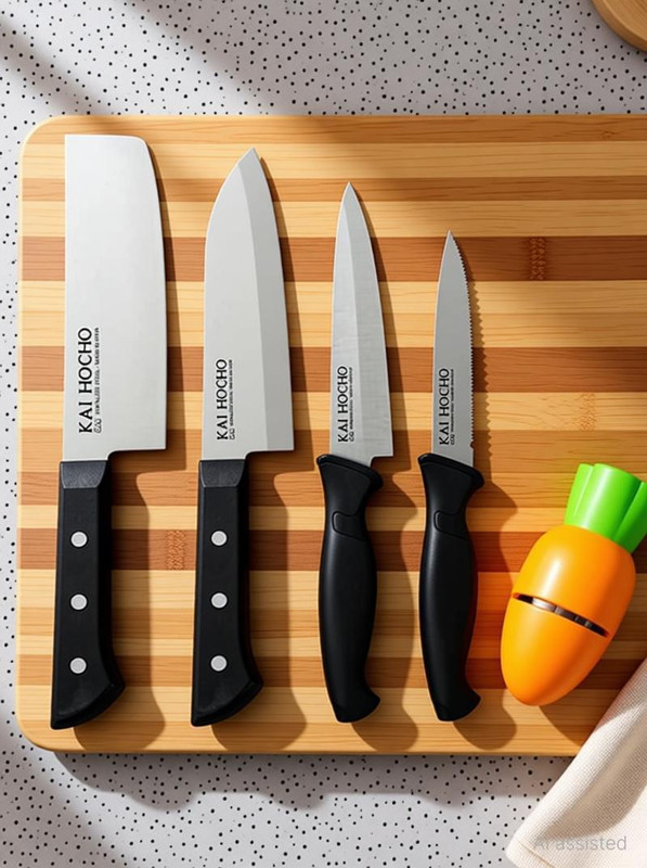 Kai 4 Pc Stainless Steel Knife Set Japanese Nakiri Knife, Santoku Knife, Utility & Serrated knife and Sharpener.