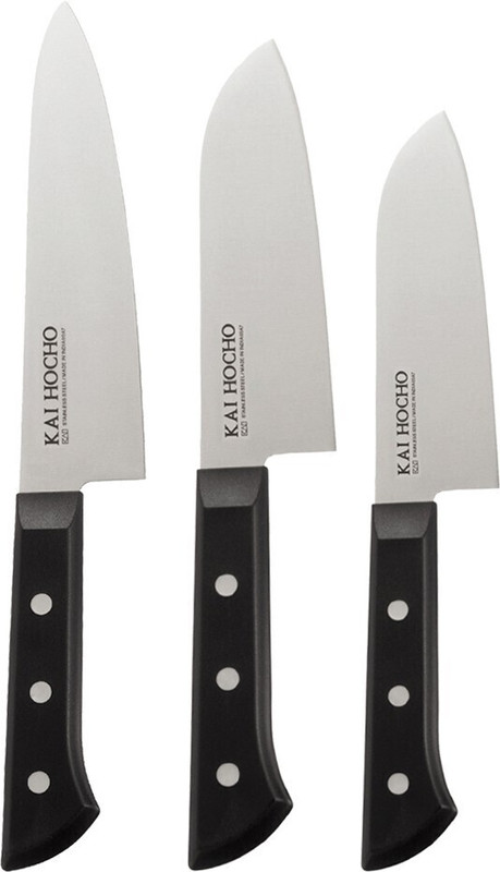 Kai 3 Pc Stainless Steel Knife Set Japanese Hocho knife 18.7 cm, Santoku Knife 17.2 cm, Samall Santoku 14.2 cm