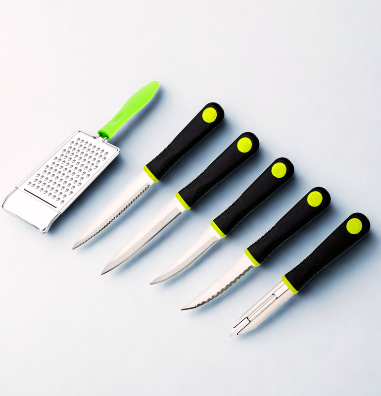 OMORTEX 6 Pc Stainless Steel Knife Set Of Soft Grip 4 Knife , 1 Peeler, 1 Greater Set (Pack Of 6)