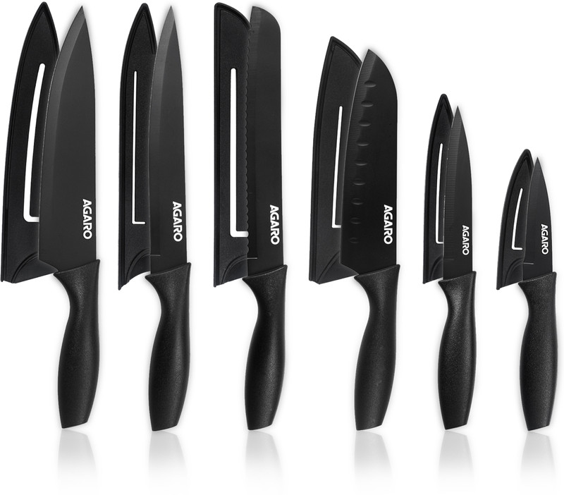 AGARO 6 Pc Stainless Steel Knife Set Royal Kitchen Knife With Covers, Black Coated Chef knife, Santoku Knifes