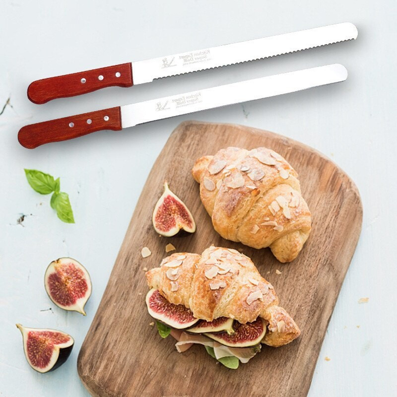 ALAMDAAR 2 Pc Stainless Steel Knife Set 2pcs 12inch Wide Teeth Wooden Handle Serrated BreadKnife Cake Slicer