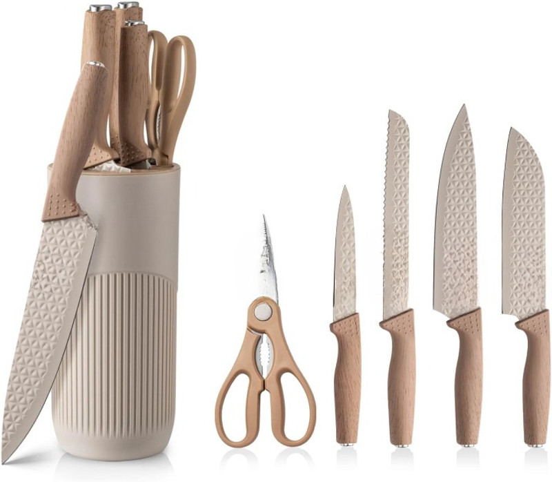 SEVENSPACE 5 Pc Stainless Steel Knife Set 5‑Pc Kitchen Knife Set with Block & Scissors, Stainless Steel, Non‑Stick Beige