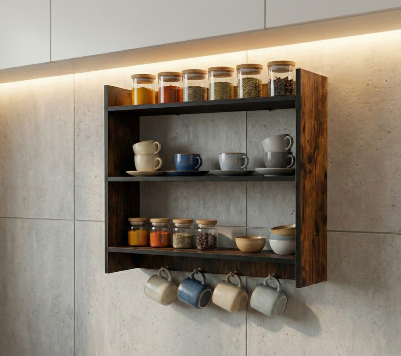 NIVANYA Containers Kitchen Rack Wood Marble Texture Kitchen Hook Shelf Rack in Dark Brown | MDF Wall Mounted