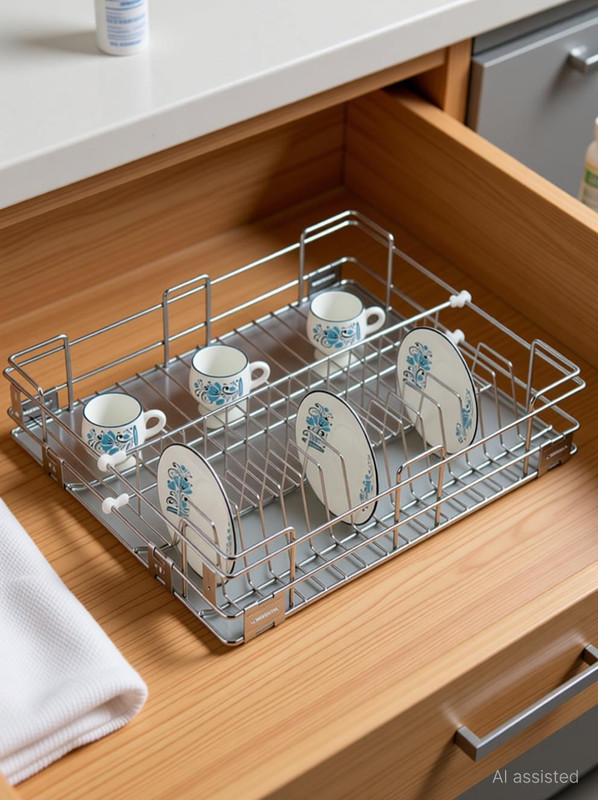 KEEPWELL Plate Kitchen Rack Steel Stainless Steel Cup & Saucer Basket | Modular Kitchen basket | Kitchen Cabinet | Kitchen Trolley | Storage Basket For Kitchen Utensils (Size: 17x20x4 Inch)
