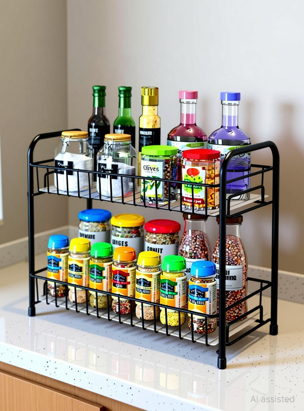 anjil Containers Kitchen Rack Iron 2-Tier Black Metal Spice Rack | Kitchen Storage Organizer for Countertops