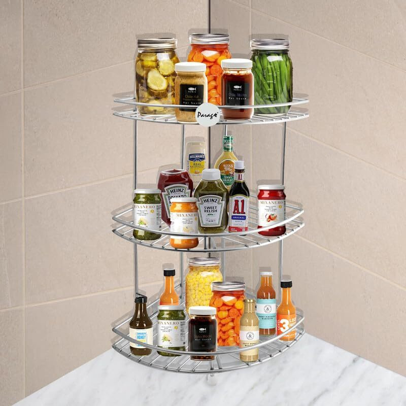 Parage Containers Kitchen Rack Steel Stainless Steel 3 Tier Multipurpose Storage Organizer, Corner Stand for Kitchen and Bathroom, Shelf Rack, Bathroom Shelf Wall Mounted, Chrome Finish, Size: 23 x 23 x 48 cm