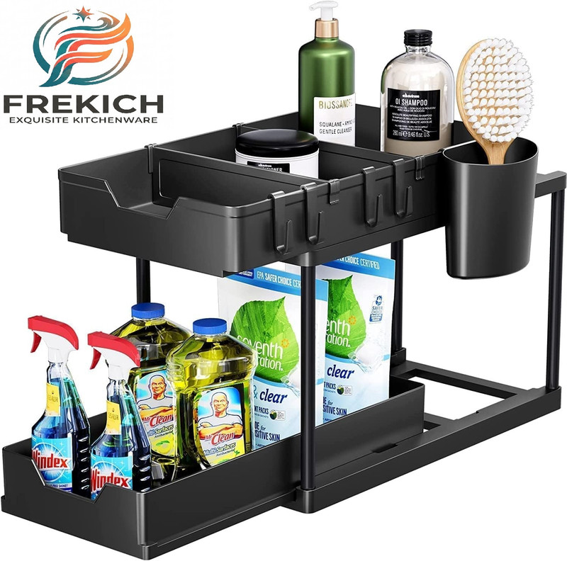Frekich Containers Kitchen Rack Plastic Under Sink Organizeer with Sliding Drawerr 2 Tier Under Sink Storage Organiz