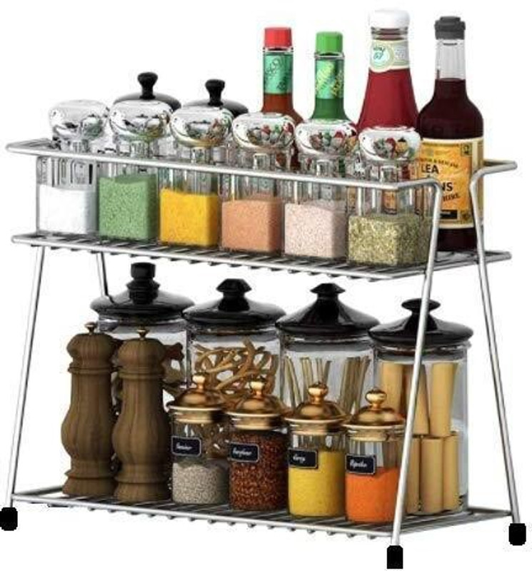 KPT Containers Kitchen Rack Steel Stainless Steel Spice 2-Tier Trolley Container Organizer
