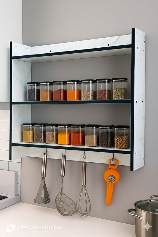 CRAFTBUZZ Containers Kitchen Rack Wood Marble Texture Design, Multi-Layer Storage, Hanging Hooks & Spice Organizer