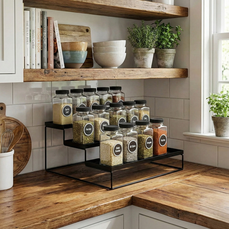 Flipkart SmartBuy Utensil Kitchen Rack Steel 3-Step Kitchen Countertop Spice Rack Container Utensil Holder Organizer (Black)