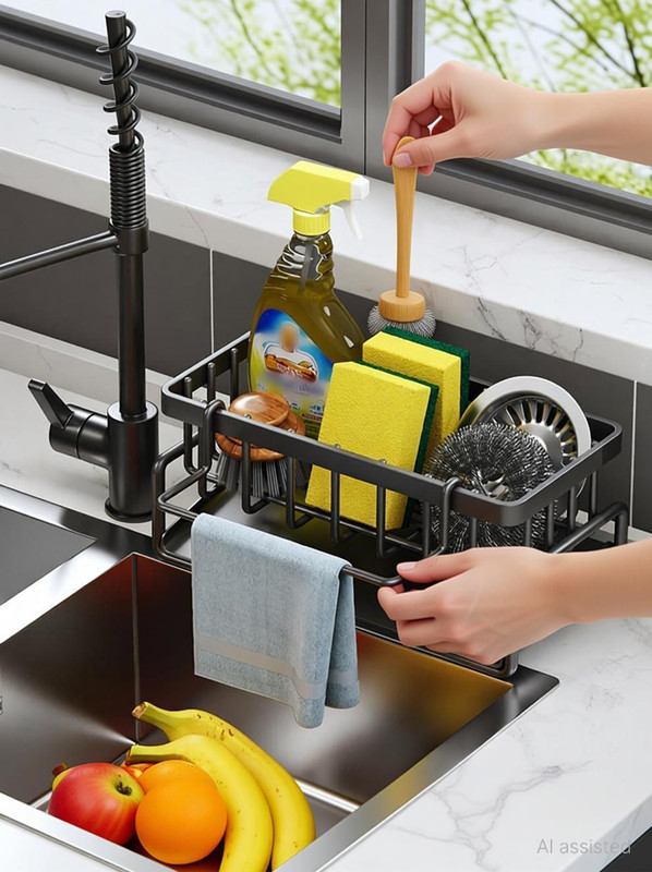 atrmitra Containers Kitchen Rack Steel Kitchen Sink Storage Rack– Multifunctional Organizer for Spong, Bottles & Towel