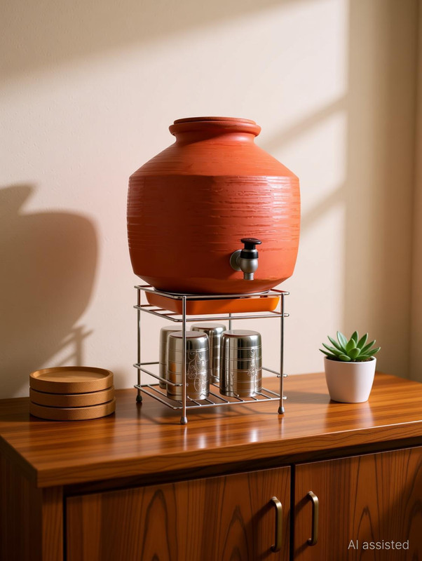 Sarvatr Matka Kitchen Rack Steel Round Matka Stand With Plastic Tray, Pot & Gamla Stand-Pot & Glass Not Included