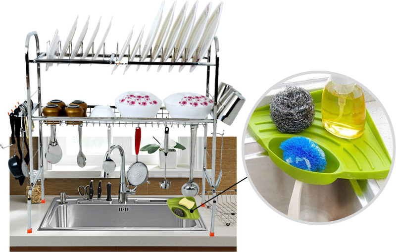 Winstar Utensil Kitchen Rack Steel S.S Over Sink Dish Drainer Rack + Plastic Kitchen Sink Corner Tray (30x28 in)