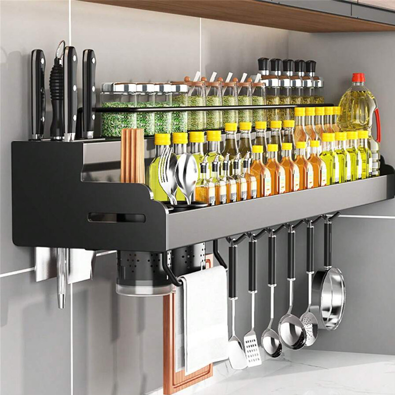 iBELL Dish Drainer Kitchen Rack Carbon Steel IBLCH260 Wall-Mounted Kitchen Rack with Spice Shelf, Utensil Hooks & Holder