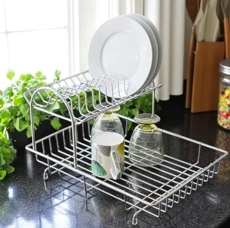 DEMIQON Utensil Kitchen Rack Steel Heavy-Duty Chrome Finish Dish Rack with Draining Tray – 2-Tier Kitchen Stand