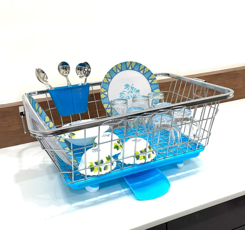 LIMETRO STEEL Dish Drainer Kitchen Rack Steel Dish Drainer Basket with Water Tray and Spoon Holder