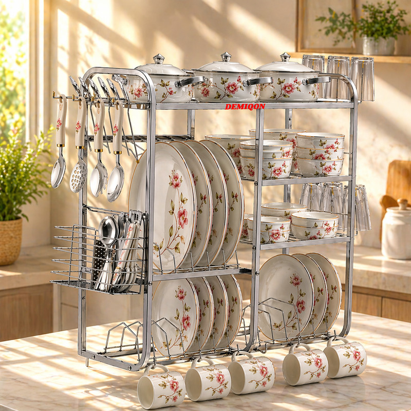 DEMIQON Utensil Kitchen Rack Steel 101_SpaceSaver Dish Drying Rack/Premium 3-Tier Drainer Stand