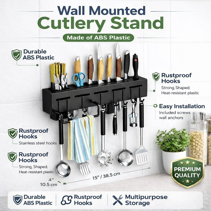 Yaadgar Cutlery Kitchen Rack Plastic Wall Mounted Plastic Kitchen Rack with Knife Holder and Utensil Hooks
