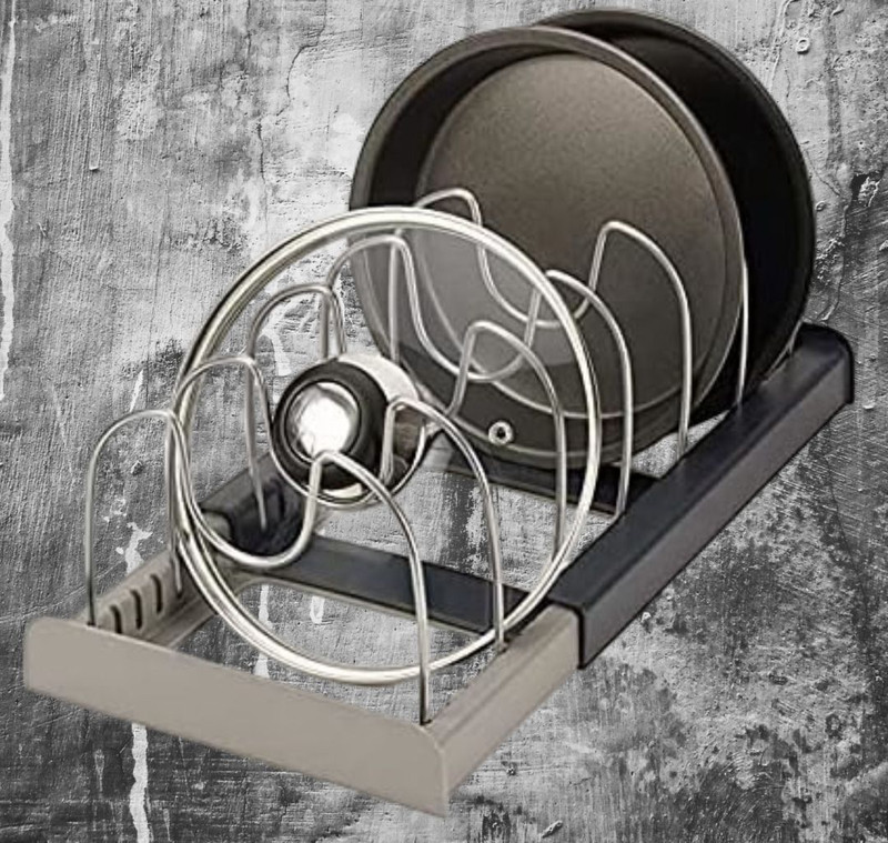 SKYZONE Plate Kitchen Rack Plastic, Steel Pot Lid Organizer Holder with 7 Adjustable Compartments