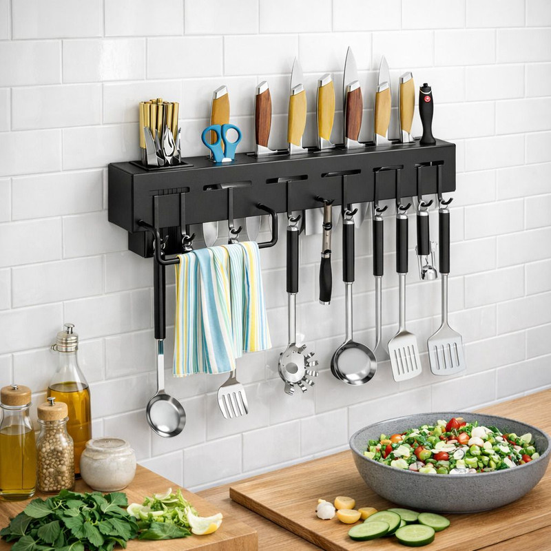 NORVIUM Cutlery Kitchen Rack Plastic Kitchen Shelf Wall Mount Knife Holder, Kitchen Cutlery Holder with Hooks
