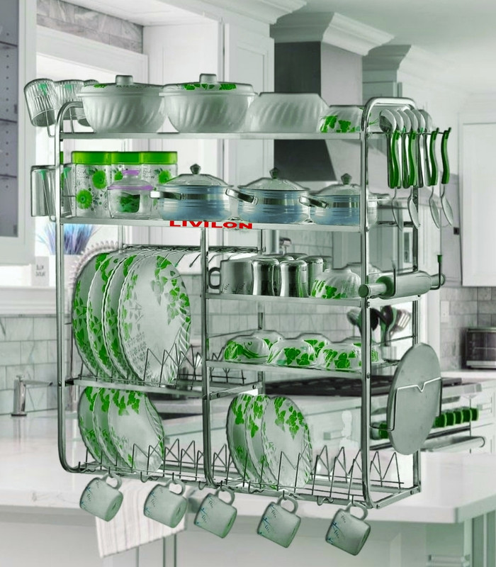 SVS Utensil Kitchen Rack Steel Utensil Kitchen Rack Steel Wall Mount Dish Plate Cutlery Stand 24x18