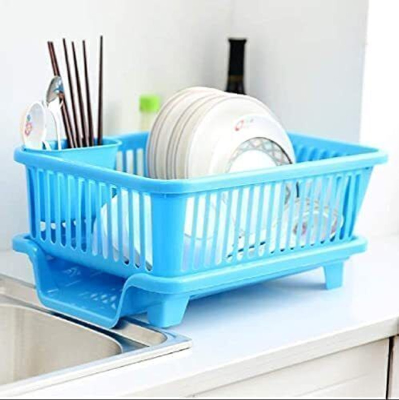 ZWINKO Dish Drainer Kitchen Rack Plastic 3 in 1 Large Sink Set Dish Rack Drainer Drying Rack Basket with Tray (Blue)