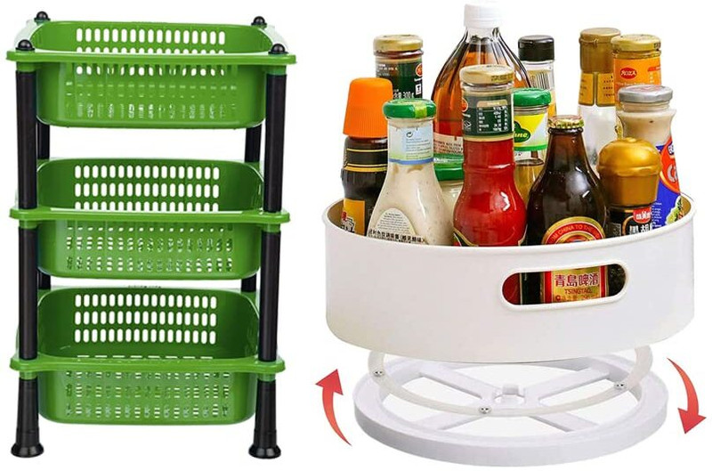 VM BOND Combo Set 360? Rotating Tray & Big Kitchen Pack of 2 Plastic Fruit & Vegetable Basket(Multicolor)