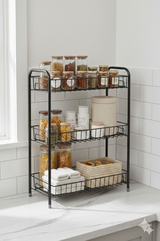 S-B-S Store Utensil Kitchen Rack Steel 3-Tier Spice Rack Organizer Counter for Bathroom Kitchen Foldable ( Black )