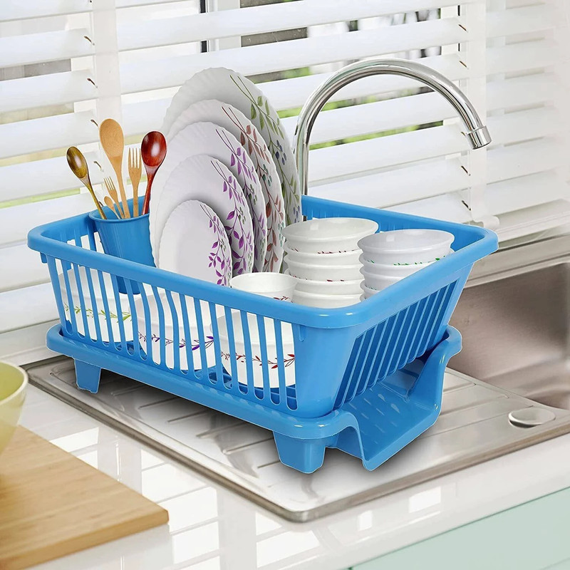 Quickmart Dish Drainer Kitchen Rack Plastic 3 in 1 Large Sink Set Dish Rack BLUE Drainer Drying Rack Washing Basket&Tray_0