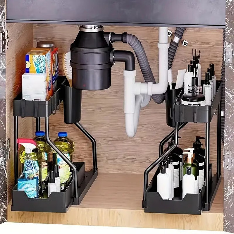 SIMESTICH Utensil Kitchen Rack Plastic 2-Tier Under Sink Storage Organizer with Sliding Drawers and Side Hooks