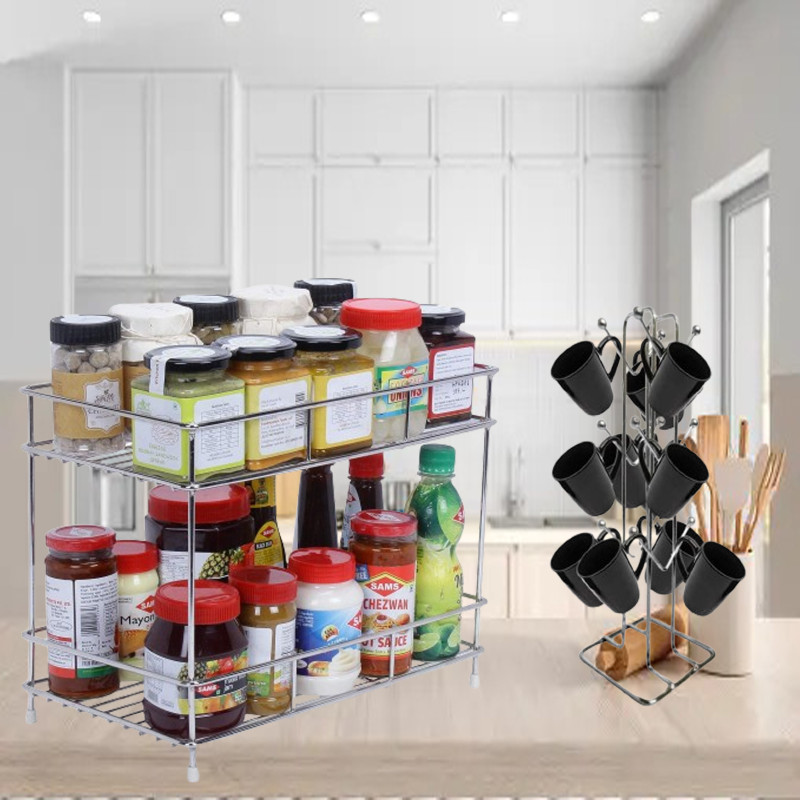 FineArts Stainless Steel Combo Heavy Stainless Steel 2 Layer Spice Rack Storage Organizer + Cup Stand(Silver, Cup and Saucer)