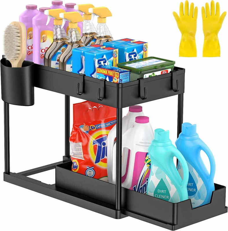 Frekich Utensil Kitchen Rack Plastic Heavy Duty 2-Tier Pull-Out Under Sink Organizer & Sliding Cabinet Rack