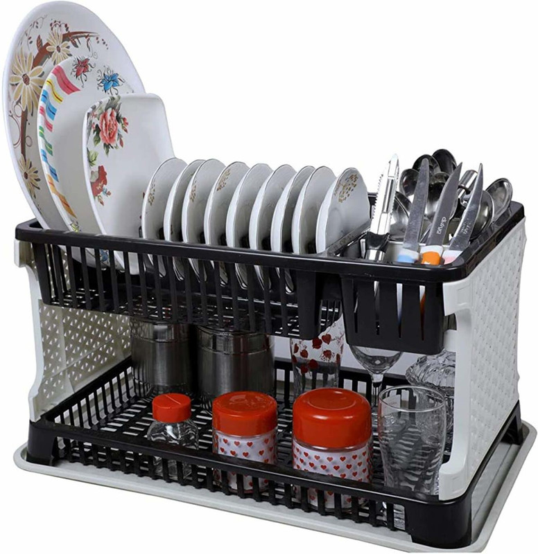 QUISTAL Dish Drainer Kitchen Rack Plastic 2 Layer Kitchen Dish Storage Organizer Rack With Water Storing Tray, Fruit & Vegetable Drying Stand | Dish, Vessel Drying Rack/Holder/Organizer (Black)