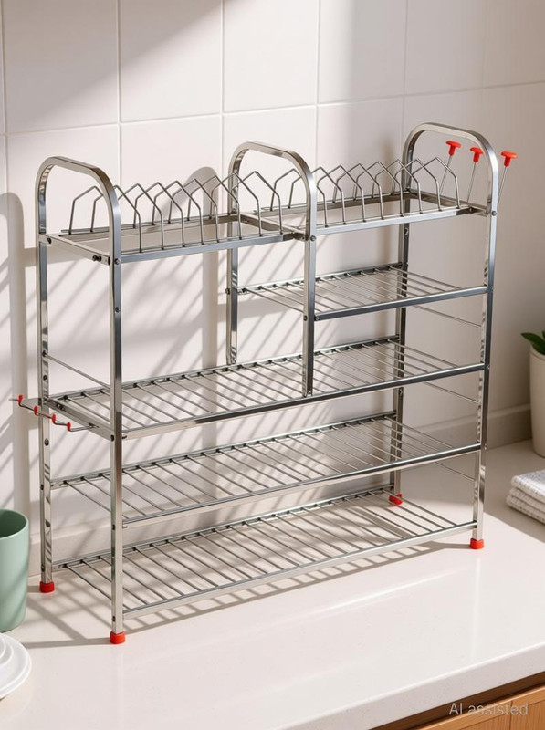 IRONTECH Utensil Kitchen Rack Steel Stainless Steel 24 x 24 Inch Wall Mount Kitchen Dish Rack/Kitchen Utensils Rack/Kitchen Organizer/Modular Kitchen Storage Rack/Utensils Rack with Plate & Cutlery Stand