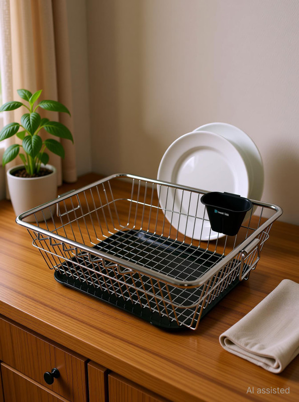 Navolux82 Dish Drainer Kitchen Rack Plastic, Steel Stainless Steel Dish Drainer Basket with Drip Tray & Cutlery Holder for Kitchen