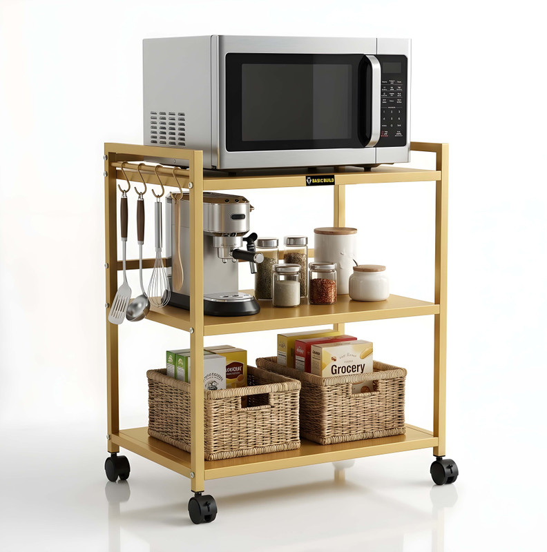 basic build Microwave Stand with Wheels & Hooks 3 Layer Metal Kitchen Storage Rack Cast Iron Kitchen Trolley(DIY(Do-It-Yourself))