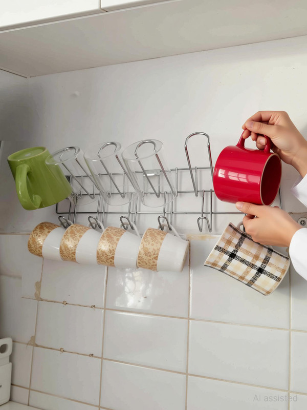 RBS Cup Kitchen Rack Steel New Quality Stainless Steel 6 Cup and 6 Glass Holder (only Stand)