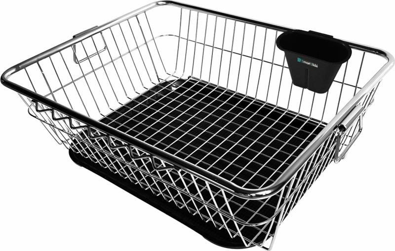 Smartslide Dish Drainer Kitchen Rack Steel Stainless Steel Dish Drainer Rack with Drip Tray / Utensil Drying Stand for Kitchen / Plate Rack / Bartan Basket With Cutlery Holder / Sink Counter Top Dish Drainer Rack / Kuda Basket (22L x 17W x 9H inches)