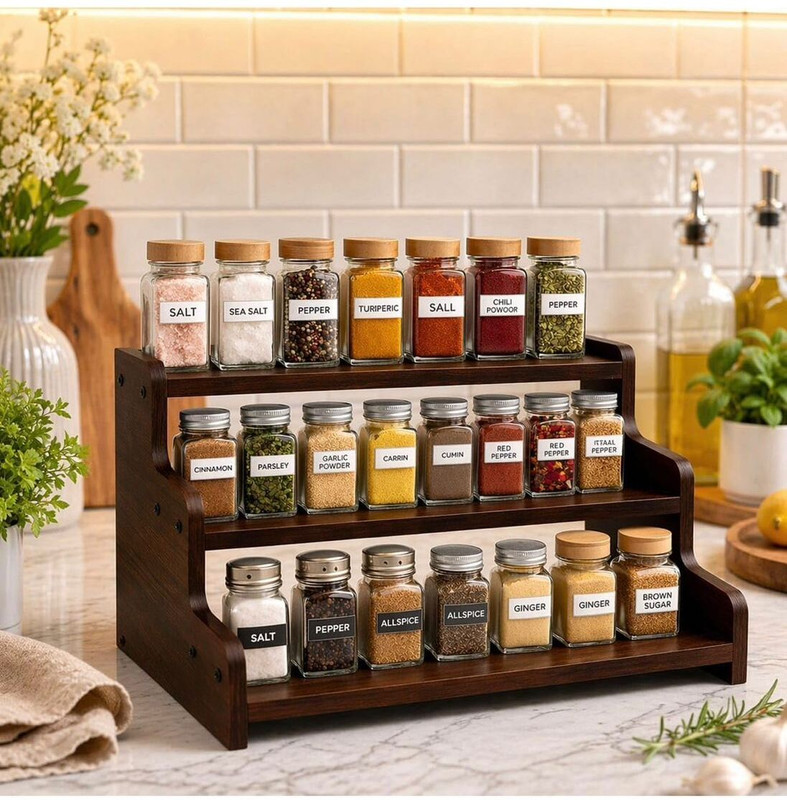 Eventwood Utensil Kitchen Rack Wood Wooden 3 Tier Spice Rack Organizer
