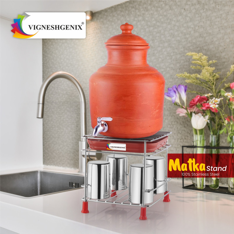 Vigneshgenix Utensil Kitchen Rack Steel Stainless Steel Matka Stand with Free Tray,Glass Stand, Pot Stand