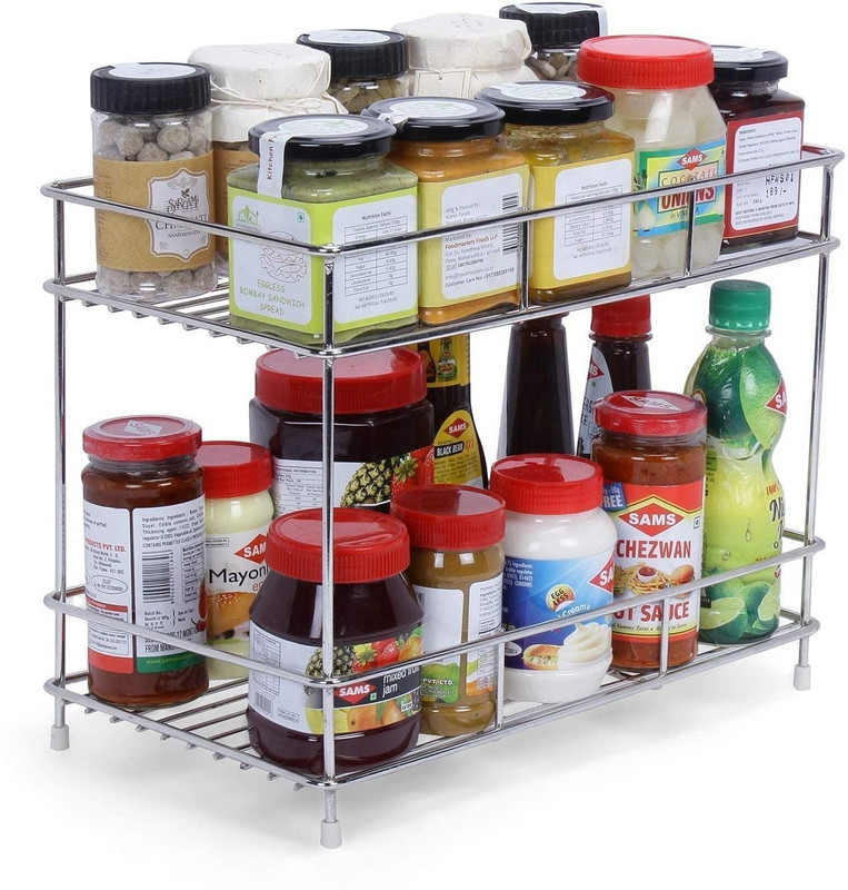 IMAGINEA Utensil Kitchen Rack Steel 2 Tier Stainless Steel Kitchen Storage Rack for Jars & Bottles Organizer, Spice