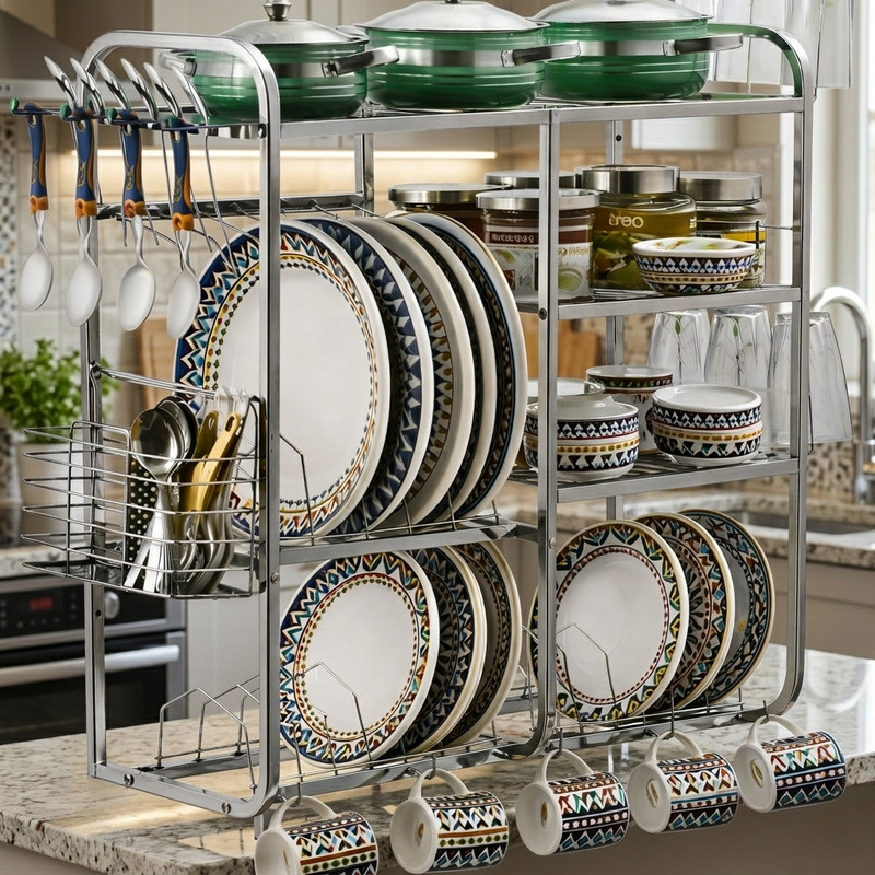 L LIVILON Utensil Kitchen Rack Steel 4 Tier Kitchen Rack – Wall Mount Utensil Organizer & Dish Storage Stand